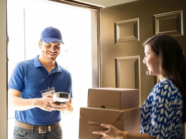 Courier company website design: smiling courier with a handheld scanner delivering two boxes to a woman at her front door