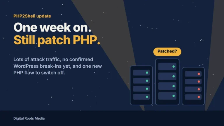 Illustration of searchlights sweeping server racks at night, with the headline PHP2Shell one week on