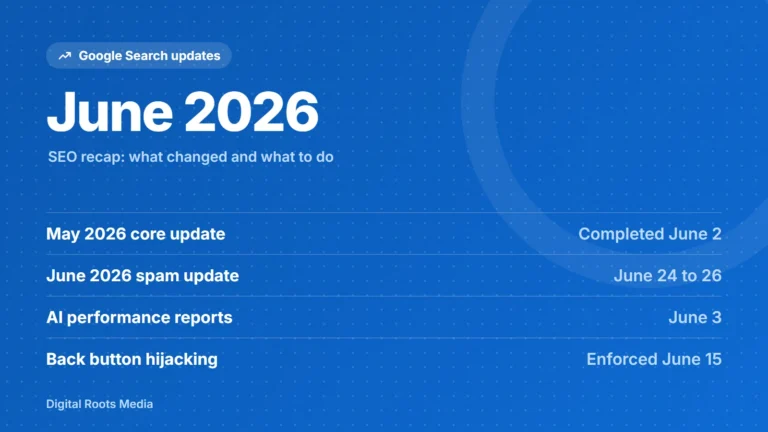 June 2026 Google Search updates: May 2026 core update (Completed June 2), June 2026 spam update (June 24 to 26), AI performance reports (June 3), Back button hijacking (Enforced June 15)