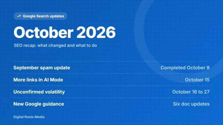 October 2026 Google Search updates: September spam update completed October 8, more links in AI Mode on October 15, unconfirmed volatility from October 16 and six documentation updates