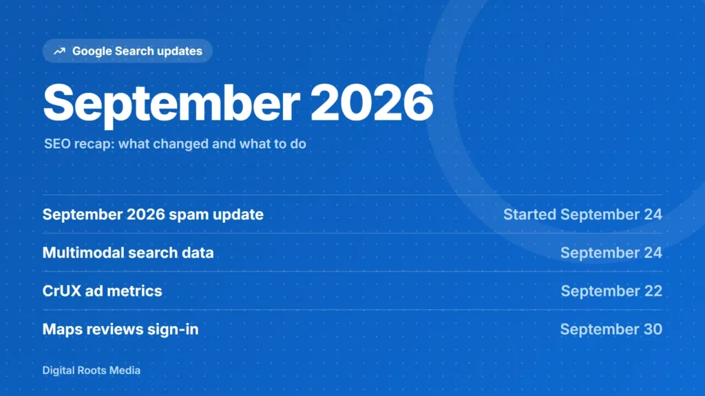 September 2026 Google Search updates: September 2026 spam update (Started September 24), Multimodal search data (September 24), CrUX ad metrics (September 22), Maps reviews sign-in (September 30)