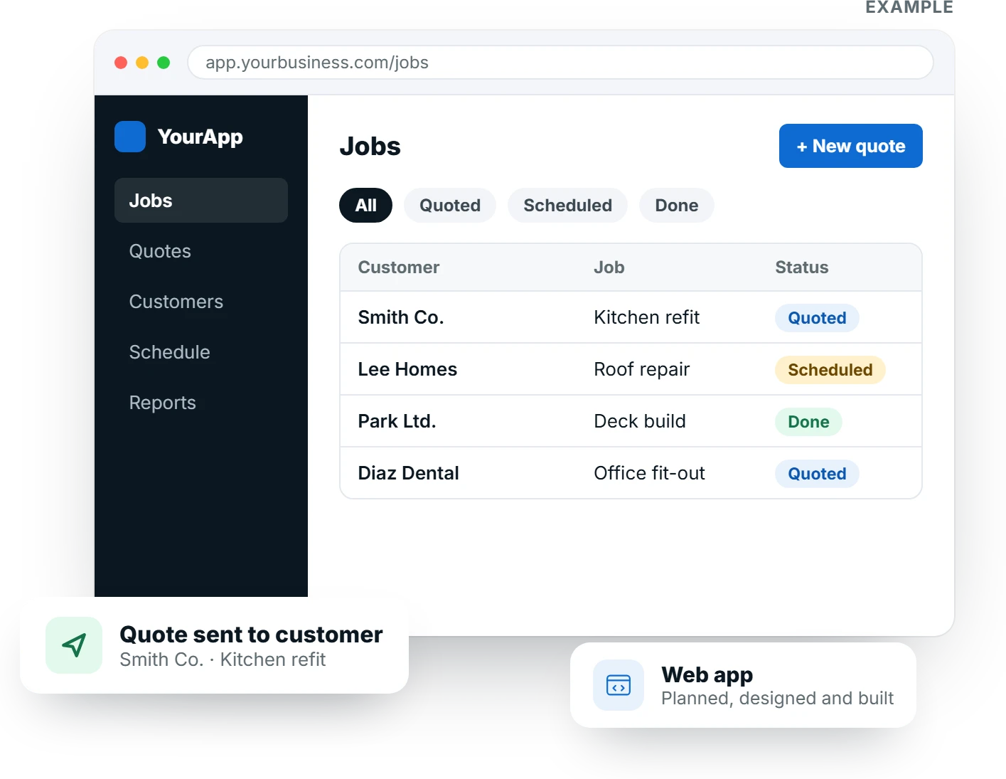 Example custom web application listing jobs, quotes and their status