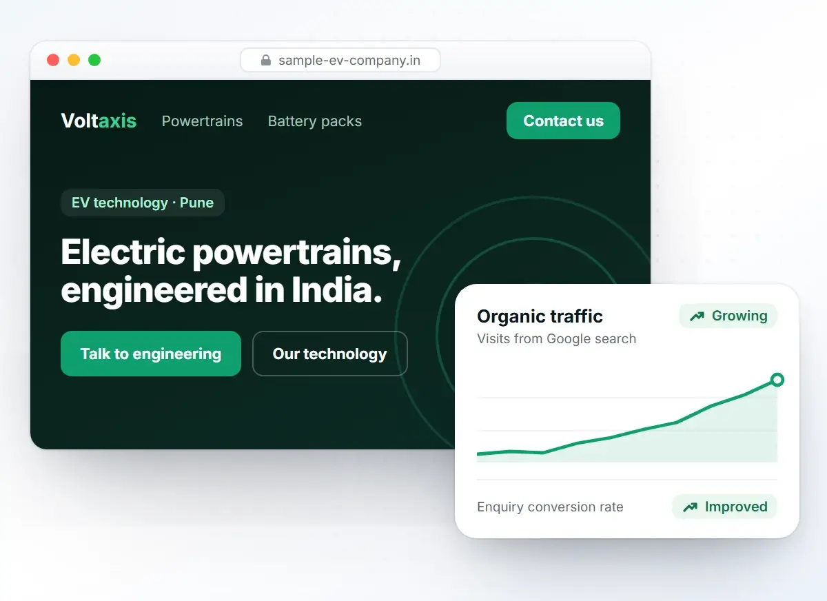 Website SEO case study for an EV technology company in Pune: organic traffic growth and a better enquiry conversion rate (sample brand shown)