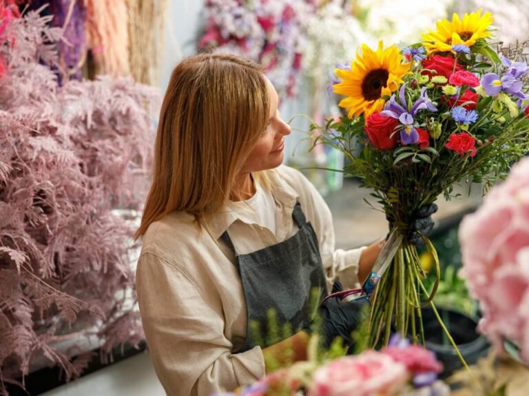 Florist website design: florist in an apron arranging a bright bouquet of sunflowers, roses and irises in her shop